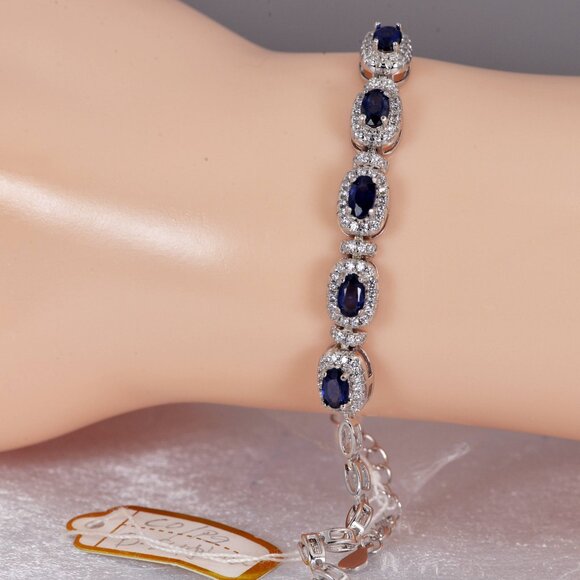 Halo Oval Natural Blue Sapphire Bracelet 925 Sterling Silver - Picture 2 of 2